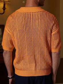 RivetRise Men's Solid Color Short Sleeve Hollow Knit Top - Coral Orange - View 8
