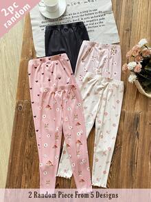 Souflis Souflis 2 piezas de leggings de punto acanalado suaves y cómodos para niña, con diseño de corazón y flor, estilo dulce y lindo, versátiles para primavera, verano y todas las estaciones, envío aleatorio - Multicolor - Ver 2