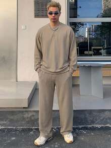 DAZY 男士長袖T恤與直筒長褲2件套 秋季 - 卡其色 - 查看 1