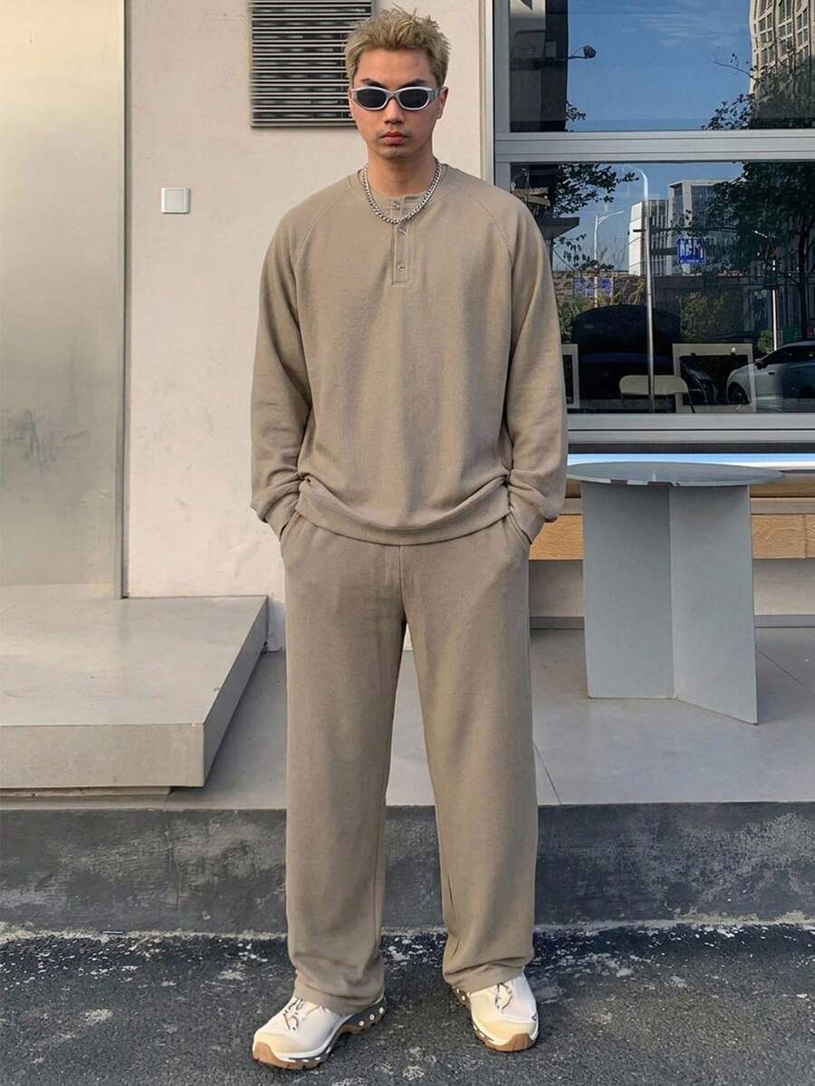 DAZY 男士長袖T恤與直筒長褲2件套 秋季 - 卡其色 - 查看 1