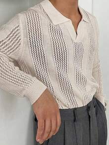 DAZY Spring/Autumn Polo Collar Semi-Hollow Jacquard Knit Top - White - View 5