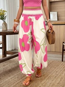 Louniche Women's Elastic Waist Lantern Pants For Spring/Summer Vacation, Fashionable For Summer Wear Beach Vacation Pink Floral - Multicolor - View 3