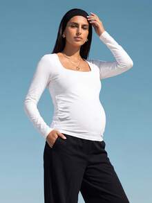 Modmama 2pcs Pregnant Women Skinny Long Sleeve Square Neck Casual T-Shirt Set, For Maternity Fall - Black and White - View 4