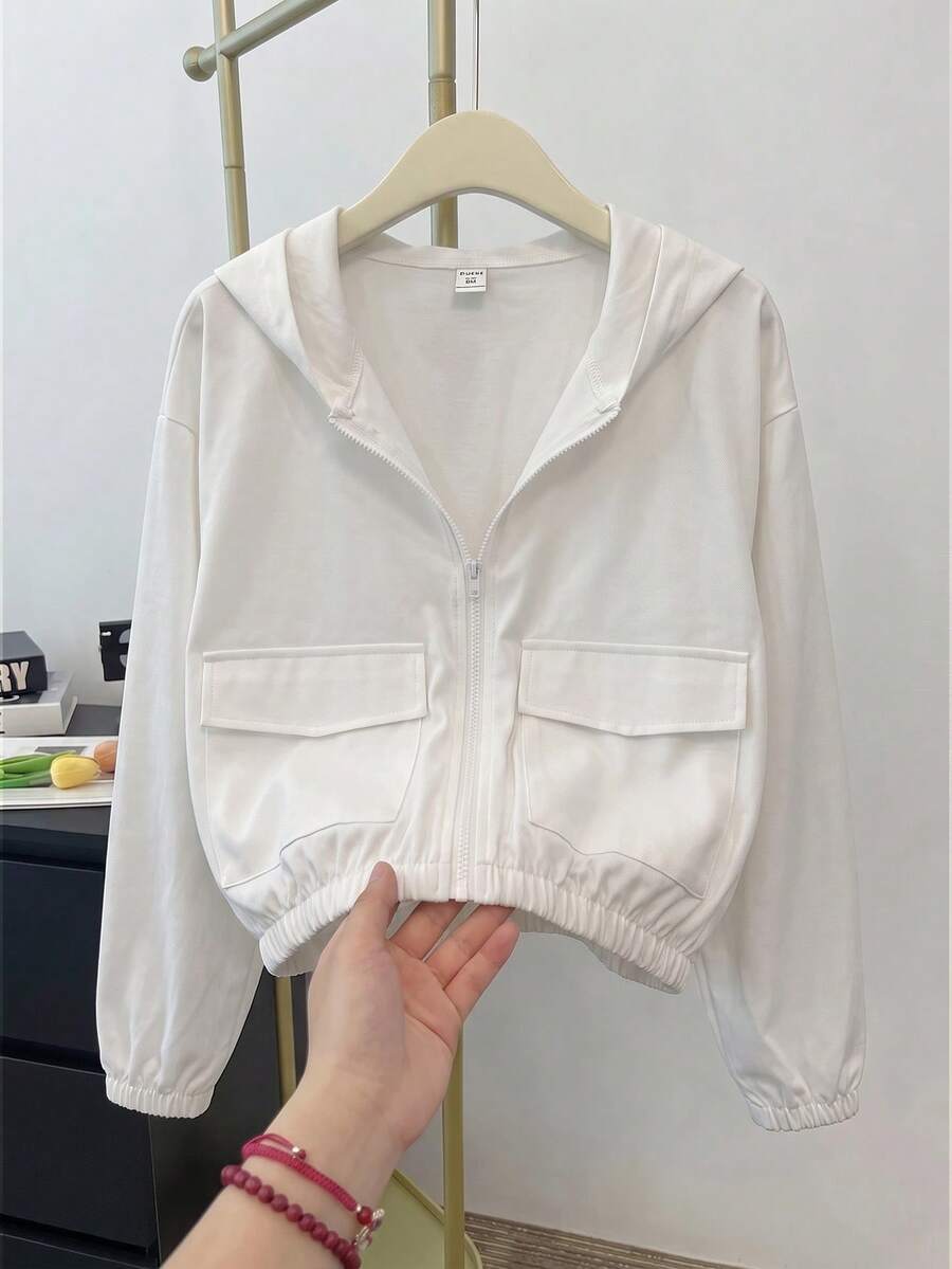 SHEIN Teen Girl Woven Solid Color Patch Pocket Short Loose Casual Hooded Jacket - White - View 1