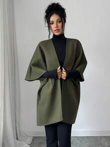 Elenzga Olive Green Batwing Sleeve Faux Pocket Decor Cardigan Overcoat Jacket Office Fall Casual - Green - View 4