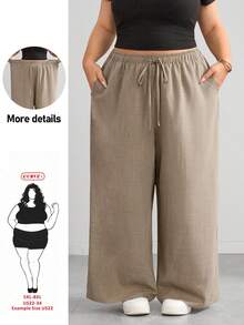 SHEIN CURVE+ 秋季休閒寬鬆長褲，音樂節、返校季，綁帶腰部，2026冬季 22W - 杏色 - 查看 1