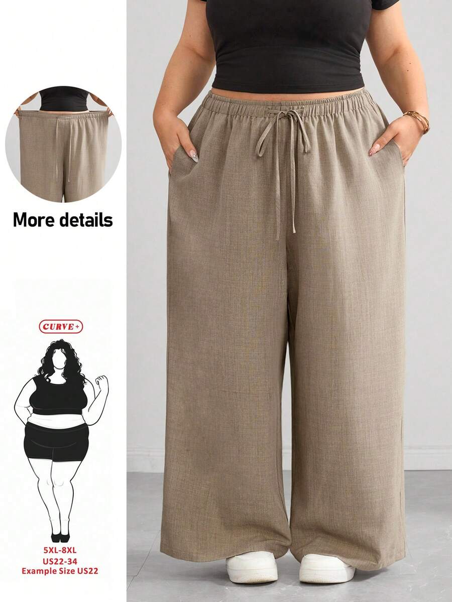 SHEIN CURVE+ 秋季休閒寬鬆長褲,音樂節、返校季,綁帶腰部,2026冬季 22W - 杏色 - 查看 1