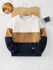 SHEIN Kids Tween Boy Thermal Lined Comfortable Multi-Color Patchwork Long Sleeve Crew Neck Autumn Sweatshirt - Multicolor - View 1