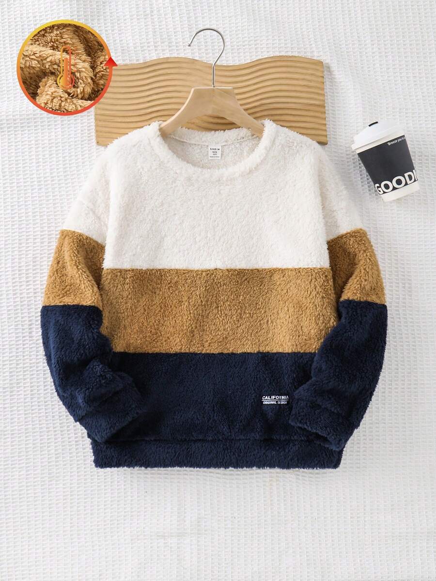 SHEIN Kids Tween Boy Thermal Lined Comfortable Multi-Color Patchwork Long Sleeve Crew Neck Autumn Sweatshirt - Multicolor - View 1