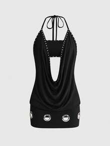 ROMWE Summer/Spring Y2K Millennium Rock Girl Style Metal Eyelet Bandeau Cowl Neck 2 Pieces Mini Dress - Black - View 1