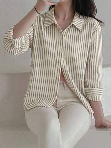 DAZY 女款條紋休閒百搭日常穿著襯衫 - 杏色 - 查看 4