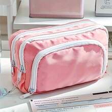1pc Double Layer Colored Pencil Box Pencil Case Double Layer Front Open Pocket Storage Bag 22cm*13.5cm Suitable For Office And School, Decorations,Pink,School Stuff. - 1pc - View 6