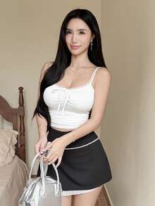 Tideelle 韓式可愛蕾絲蝴蝶結裝飾 A 字迷你裙褲，網格拼接開衩設計，日常穿搭，黑白配色，夏季款 - 黑色 - 查看 5