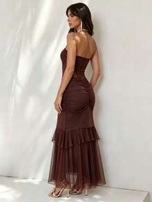 SHEIN Swim Women's Dark Brown Strapless Elegant Summer Dress,Pleated Ruffle Mermaid Hem,Party Night Wedding Guest Dress,Formal Wear,Beach Vacation Outfits - Coffee Brown - View 2