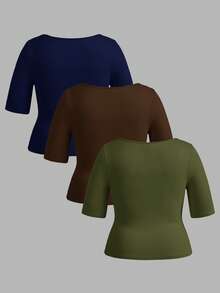 SHEIN BASICS 3pcs Casual Solid Color Knit Square Neck Short Sleeve Slim Fit Plus Size T-Shirts - Multicolor - View 2