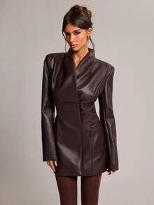 SHEIN BAE Jaket Blazer Wanita Warna Polos Kasual Serbaguna untuk Perjalanan Sehari-hari - Coklat - View 5