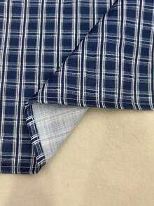 SHEIN Light Yellow Fine Plaid Collared Short Sleeve Shirt - Navy Blue - View 4
