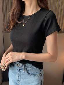 DAZY Women's Round Neck Solid Color Basic White Short Sleeve T-Shirt, Spring/Summer - Black - View 5