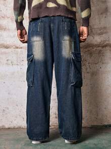 Skyrend 1pc Vintage Patchwork Multi-Pocket Distressed Loose Fit Wide Leg Jeans For Men, Fashion Versatile (Belt And Accessories Not Included) Fall/Autumn/Winter Grunge - Blue - View 3