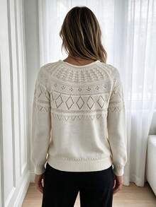 Louniche Women's Early Autumn Textured Fine Hollow Knit Pullover Round Neck Long Sleeve Sweater - Beige - View 3