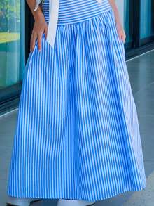 Bela Noronha Rok Liburan Wanita Bergaris Modis Serbaguna dengan Resleting - Blue and White - View 5