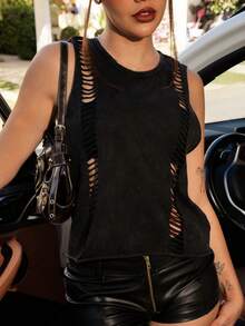 Vivi Wanderley Plain Knitted Cropped Washed Tank Top For Women Casual Black - Black - View 3