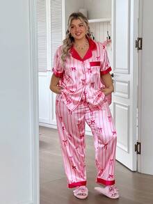 Slumberry CURVE Plus Size Comfortable Striped Bow Pattern Printed Short Sleeve Top And Long Pants Pajama Set - Hot Pink - View 3
