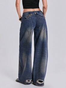 ROMWE Summer Autumn Winter Spring Street Casual Y2K Letter Contrast Color Embroidery Distressed Spray Paint Loose Straight Leg Curved Hem Jeans - Blue - View 6