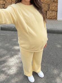 Lyckli Maternity Letter Print Long Sleeve Top And Adjustable Waist Long Pants Casual Daily 2 Pieces Set Fall - Yellow - View 2