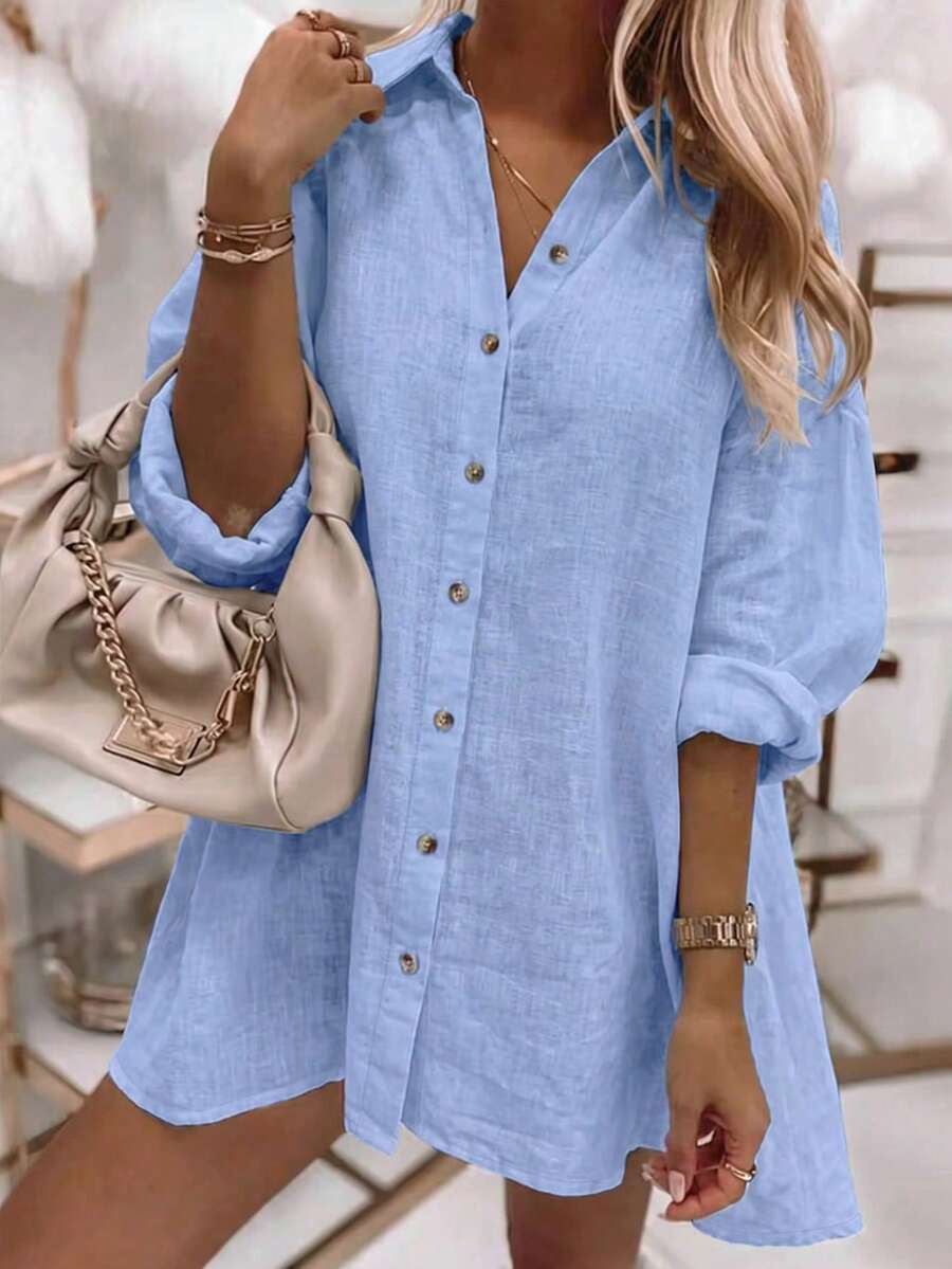 SHEIN 女款素色休閒度假襯衫 - 藍色 - 查看 1