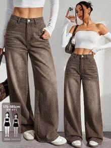 SHEIN Tall Women's Casual Versatile Daily Travel Denim Jeans With Pockets And Buttons - Brown - View 1