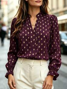 Velvienne Plus Size Woven Casual Gold-Embroidered Autumn Shirt - Red Violet - View 3