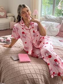 Slumberry CURVE Plus Size Cute Cherry Print Single-Breasted Short Sleeve Top And Long Pants Pajama Set - Pink - View 1