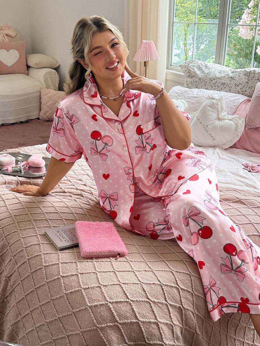 Slumberry CURVE Plus Size Cute Cherry Print Single-Breasted Short Sleeve Top And Long Pants Pajama Set - Pink - View 1