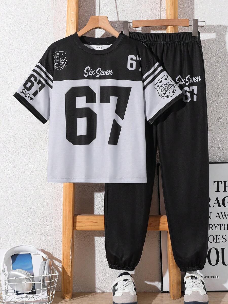 SHEIN 兒童青少年男孩字母與數字印花短袖T恤與長褲休閒日常套裝