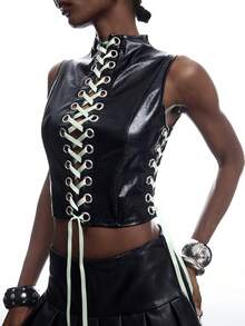 LYSMO Women's Eyelet Strap PU Leather Cropped Fashion Vest - Black - View 5