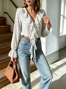 SHEIN 女款V領波點荷葉邊休閒百搭日常穿著襯衫 - 白色 - 查看 3