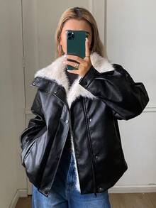 DAZY Women's PU Leather Long Sleeve Zipper Front Casual Winter Leather Jacket - Black - View 4