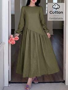 Solavon New Asymmetrical Loose Fit Comfortable Vacation Versatile Linen Dress - Army Green - View 7