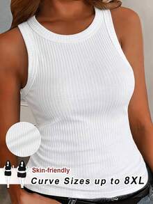 SHEIN CURVE+ 女款大尺碼休閒基礎修身白色圓領露肩背心，舒適面料，適合夏季 - 白色 - 查看 1