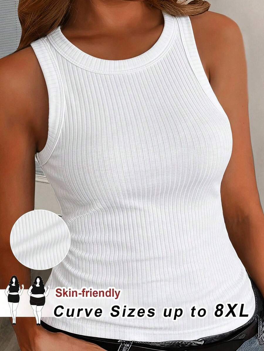 SHEIN CURVE+ 女款大尺碼休閒基礎修身白色圓領露肩背心,舒適面料,適合夏季 - 白色 - 查看 1