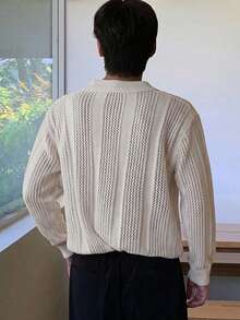DAZY Spring/Autumn Polo Collar Semi-Hollow Jacquard Knit Top - White - View 2