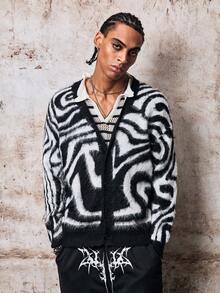 Skyrend Casual Loose V-Neck Long Sleeve Button-Up Cardigan, Zebra Print High Street Style Unisex Top, Suitable For Spring, Autumn And Winter Fall/Autumn/Winter Halloween Grunge - Black - View 8