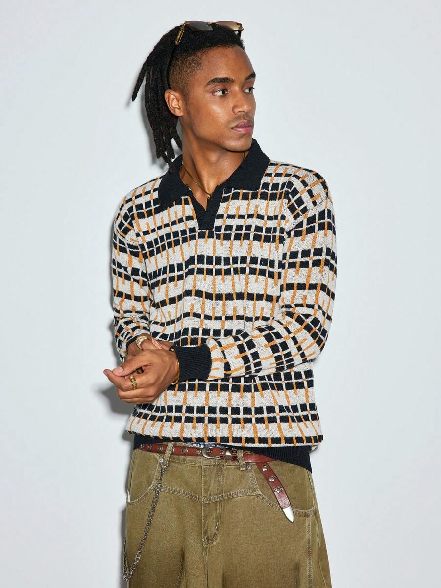 Modcrash Sweater Pullover Pria Kasual Longgar dengan Motif Abstrak dan Blok Warna Bergaya Vintage, Serbaguna untuk Beraktivitas Sehari-hari, Musim Gugur/Dingin, Atasan Lengan Panjang - Hitam - View 1