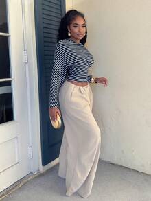 Alexandranx Celana Panjang Ekstra Panjang Model Vintage Longgar dengan Potongan Lebar dan Pinggang Sangat Rendah - Khaki - View 6