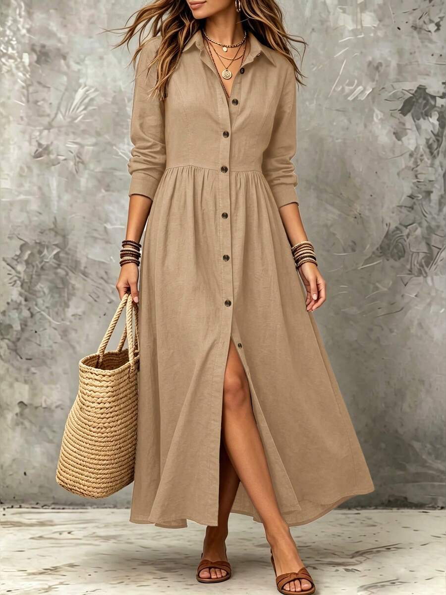 Linhara CURVE Plus Size Woven Elegant Summer Long Dress Fall - Khaki - View 1