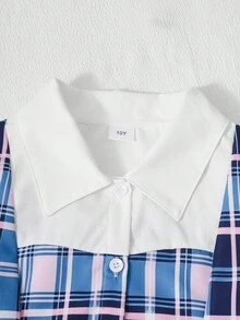 SHEIN Sparklyn 女童格紋拼接襯衫領泡泡長袖上衣搭配鬆緊腰百褶裙，學院風，適合春/秋季上學、通勤、旅行、散步、購物，可搭配大衣、夾克、開襟衫 - 藍色 - 查看 3