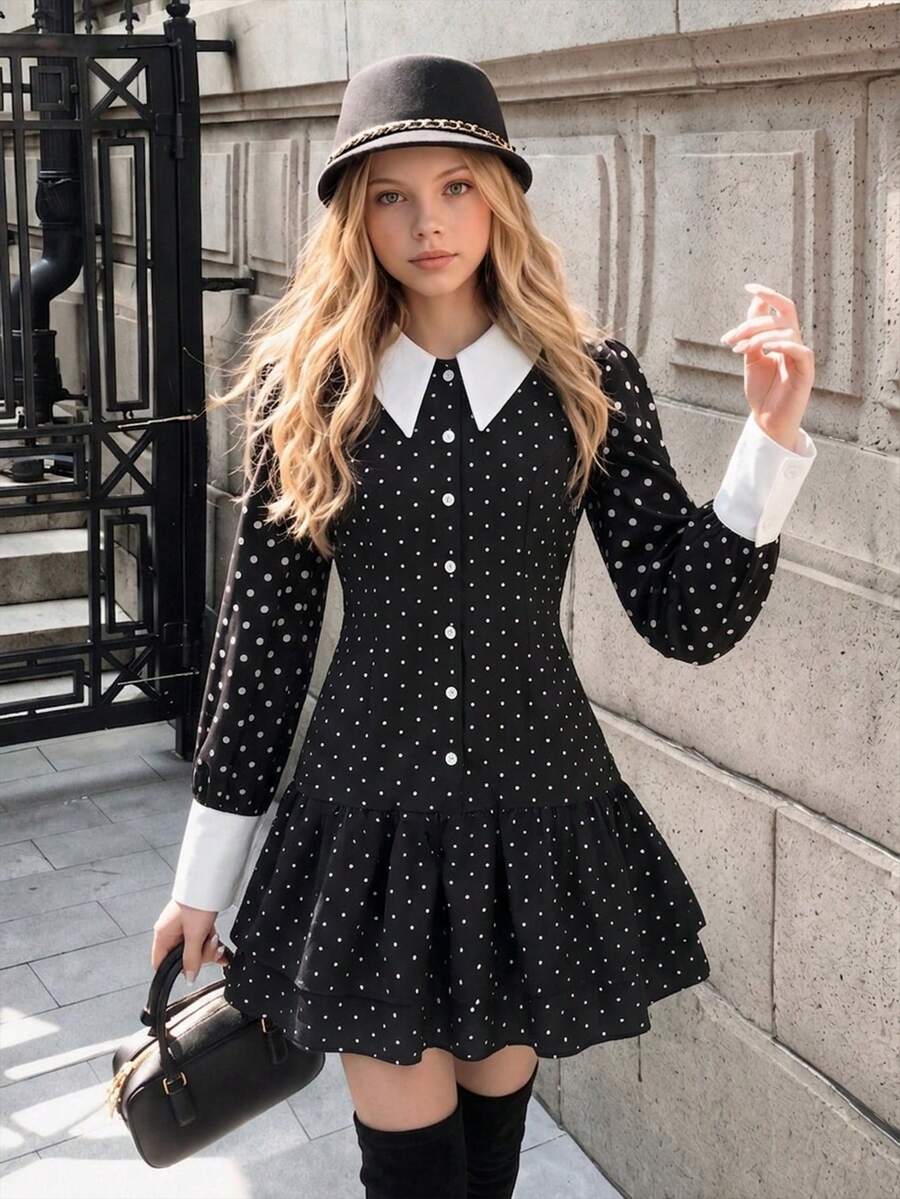 SHEIN 青少年女孩甜美學院風蝴蝶結金屬扣拼接 2 合 1 休閒洋裝,針織、抓皺、碎花、荷葉邊,秋季服飾,萬聖節,校園 - 黑色 - 查看 1