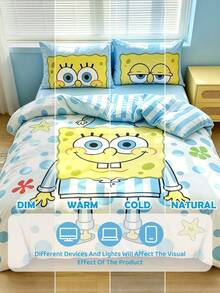 SpongeBob SquarePants | SHEIN 三件套動物卡通印花被套，拋光材質，柔軟保暖，藍色被套，雙面圖案，多種尺寸可選，適用於單人床/雙人床/加大床，絕佳禮物 - 淺藍色 - 查看 10