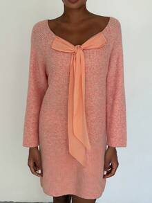 Livesso Winter Pink Sweet 3D Bow Decor Knitted Loose Short Women's Nightgown Fall - Apricot - View 10